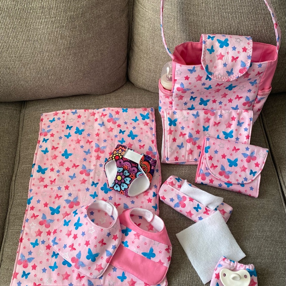 Baby doll butterfly themed diaper bag - complete set